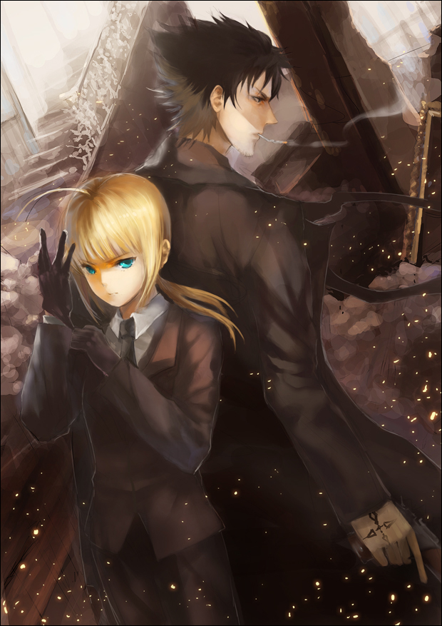 Safebooru - 1girl ahoge aqua eyes black hair blonde hair cigarette ...