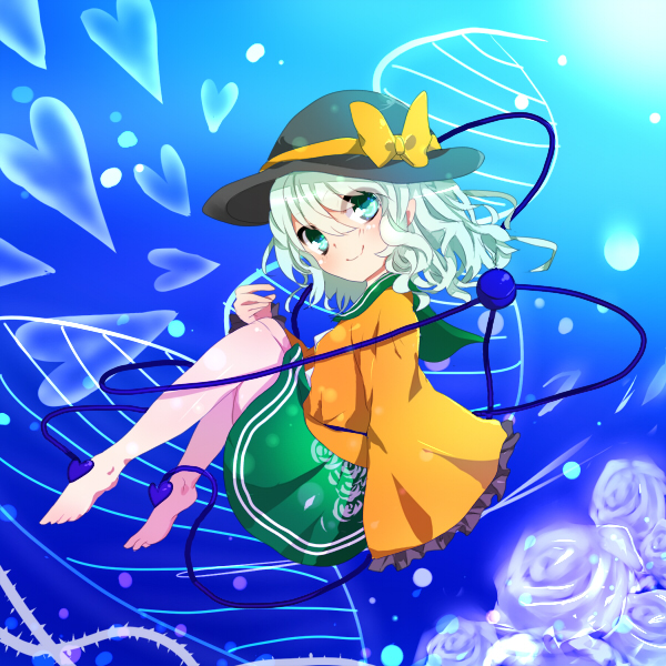 Safebooru Barefoot Flower Green Eyes Green Hair Hat Heart Komeiji Koishi Rose Solo Touhou 2647