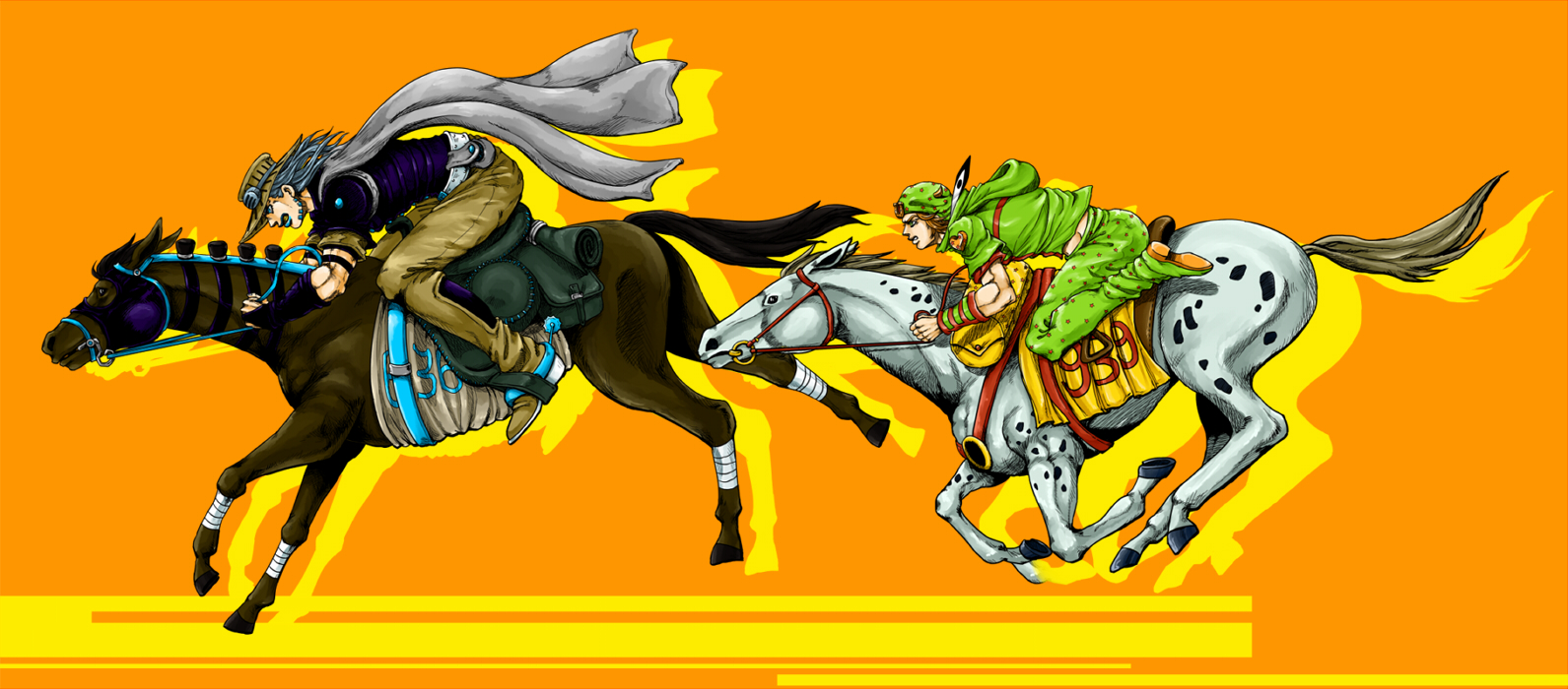 Safebooru 2boys cape gyro zeppeli hat horse johnny joestar jojo no kimyou na bouken metamin