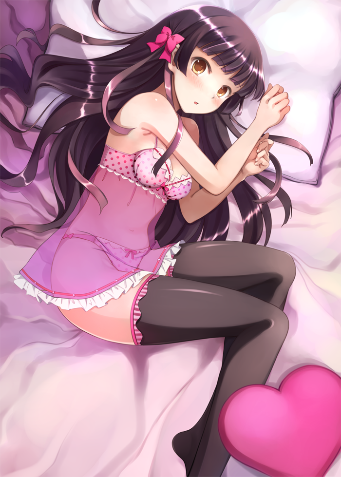 bed black_legwear bow bow_panties bra brown_hair hair_bow heart jas(annkoro...