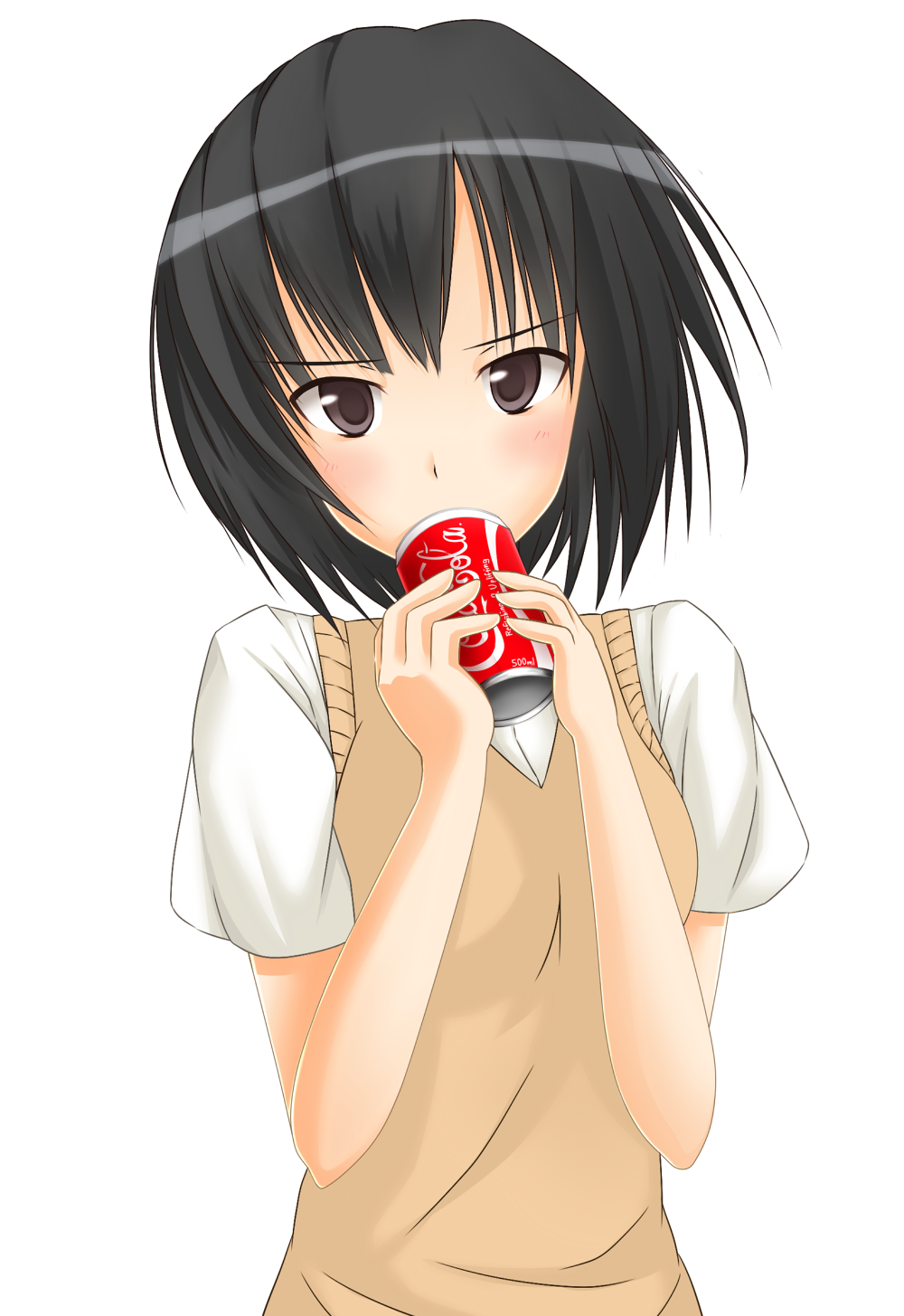 Safebooru 1girl Amagami Black Hair Blush Brown Eyes Bust Can Coca Cola Drink Drinking Highres
