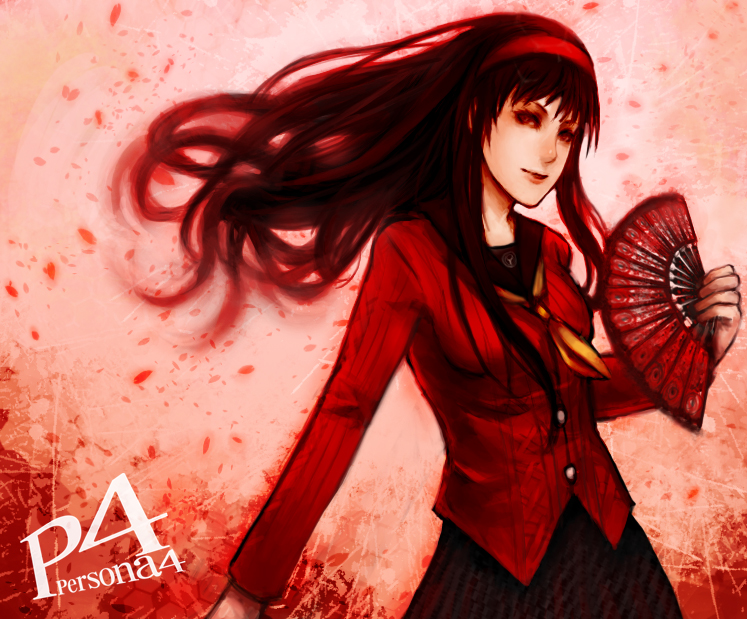 Safebooru Amagi Yukiko Black Hair Fan Hairband Long Hair Necktie Persona Persona 4 Red Skirt 2930