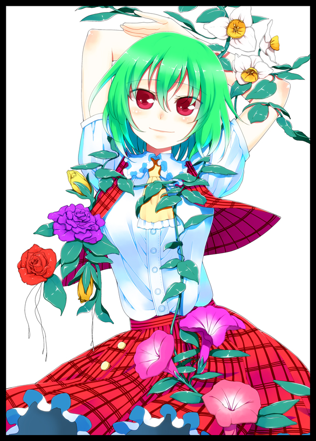 Safebooru Arms Up Ascot Body Mahattaya Ginga Breasts Daffodil Dress Shirt Flower Green Hair 3845