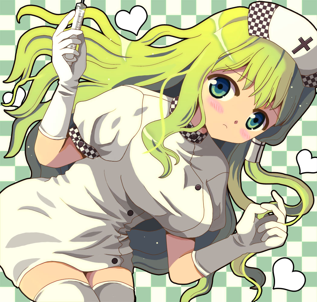 Safebooru Alternate Costume Blush Breasts Frown Gloves Green Eyes Green Hair Hat Hazakura