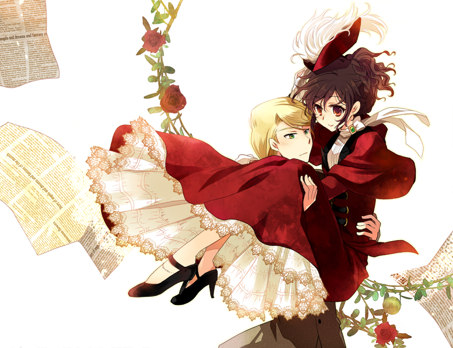 (matsunohara) newspaper princess_carry red_eyes red_rose rose scarf shoes s...