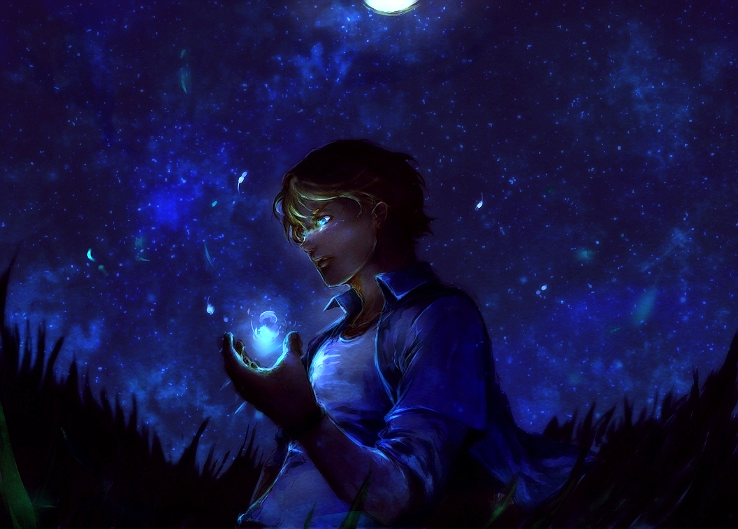 Safebooru blonde hair blue blue eyes blue jacket full moon glowing