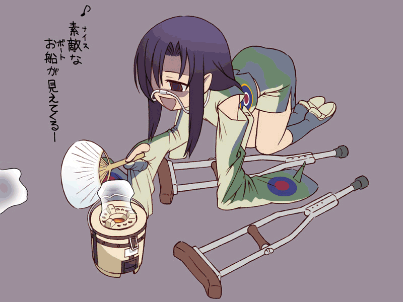 animated animated_gif black_hair bomber camouflage crutch detached_sleeves ...