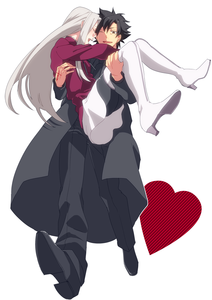 Safebooru 2girls black hair boots carrying couple emiya kiritsugu