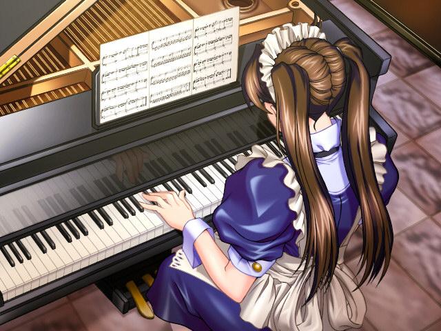 brown_hair elysion eien_no_sanctuary game_cg grand_piano instrument maid ma...