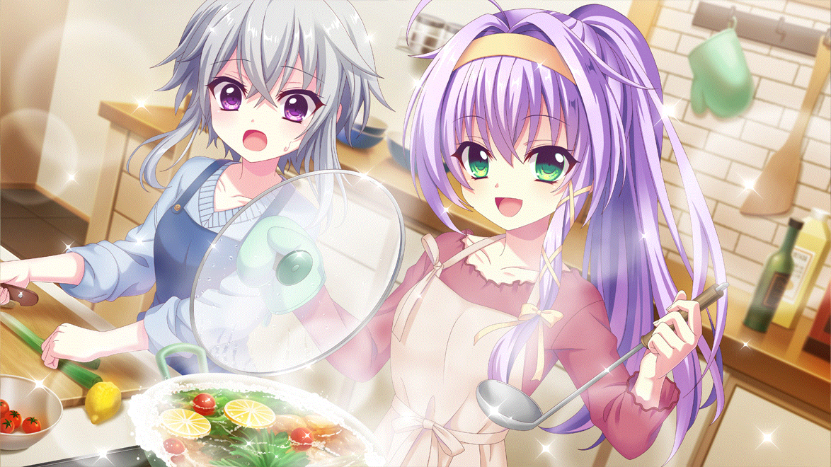Safebooru - 2girls :d ahoge alternate hairstyle apron blue apron blue
