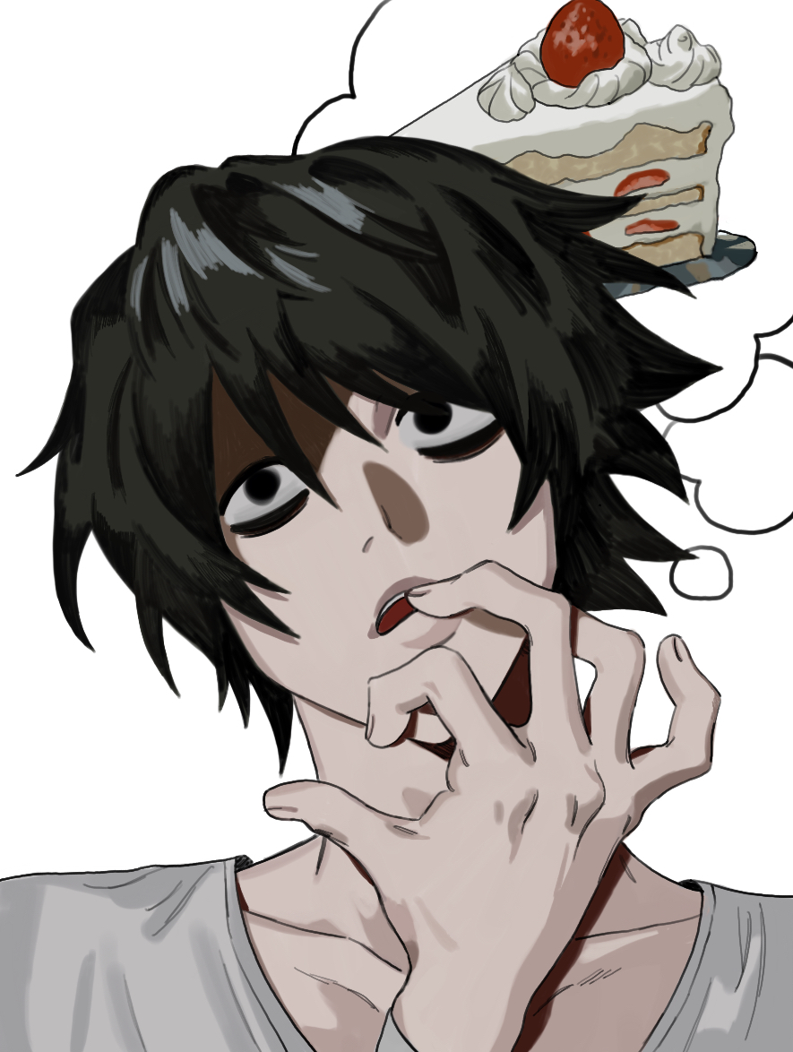 Death Note Shortcake Safebooru - 1boy bags under eyes black eyes black hair cake collarbone ...