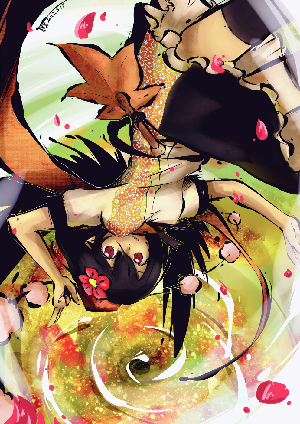 Safebooru - black hair black legwear black wings fan flower flower on ...