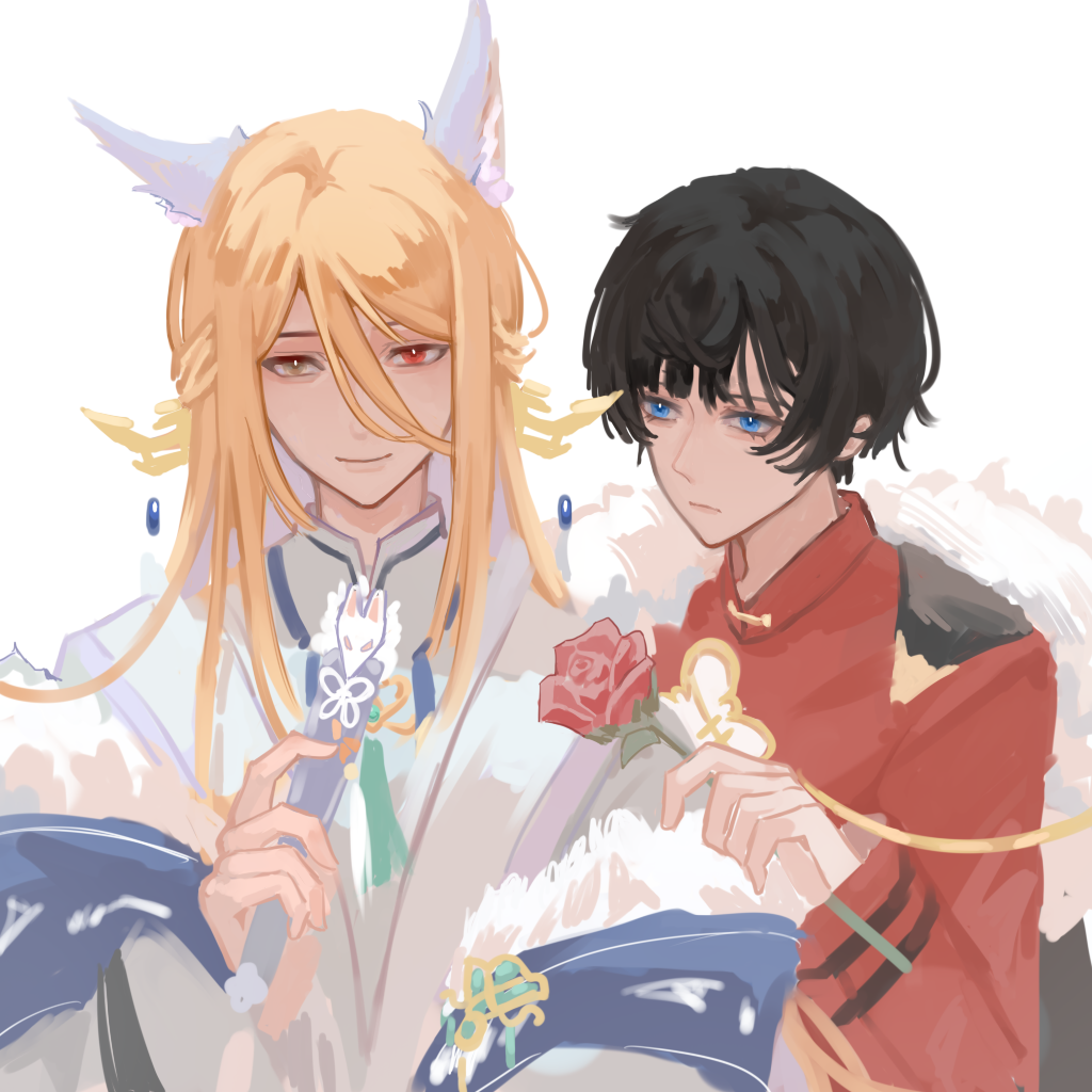 Safebooru - 2boys :| animal ears black hair black jacket blonde hair ...