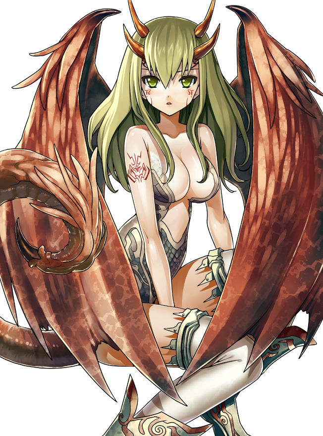 :o bare_shoulders between_legs boots breasts cleavage collarbone dragon_gir...