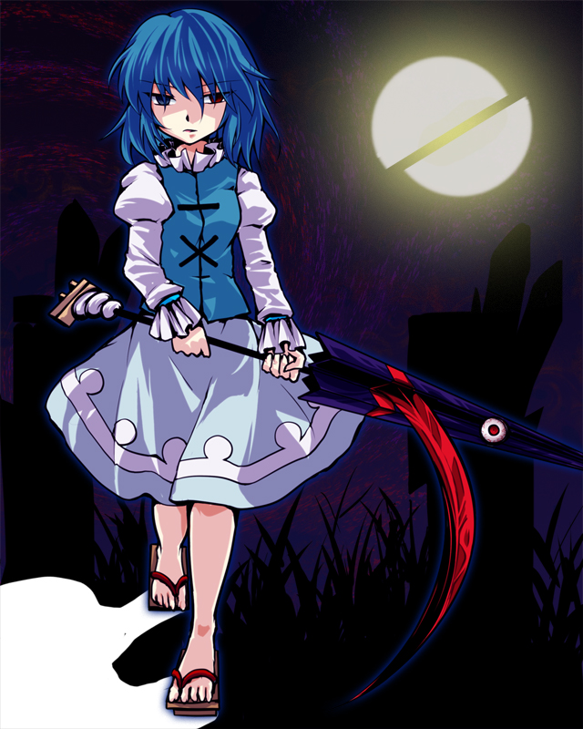 Safebooru Blue Eyes Blue Hair Full Moon Geta Heterochromia Karakasa Obake Moon Red Eyes 4777