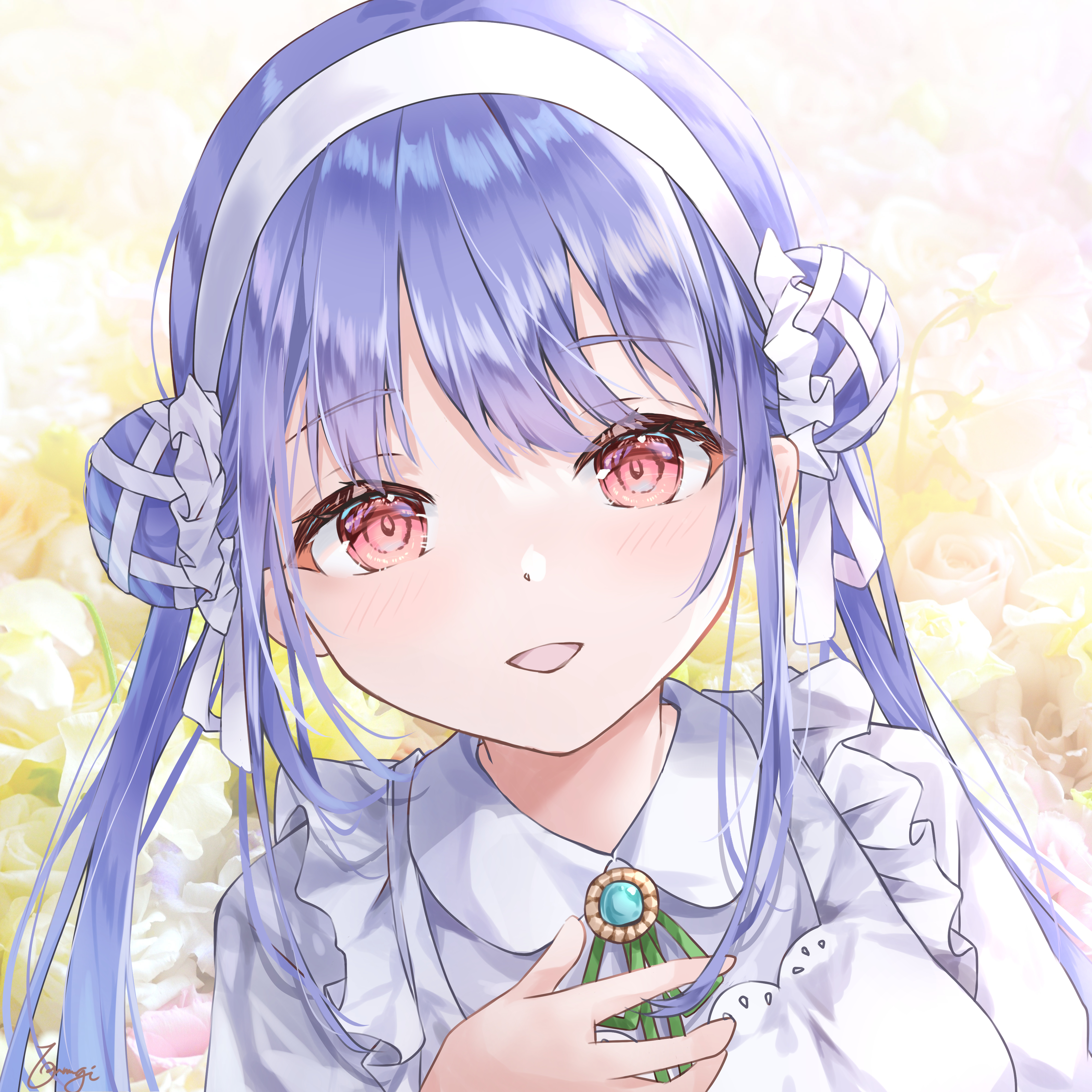 Safebooru - 1girl :d absurdres aqua brooch blue hair blush collared ...