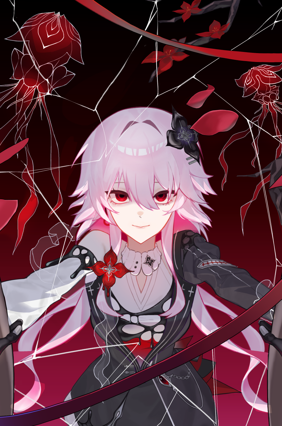 Safebooru - 1girl black dress black flower broken glass closed mouth ...