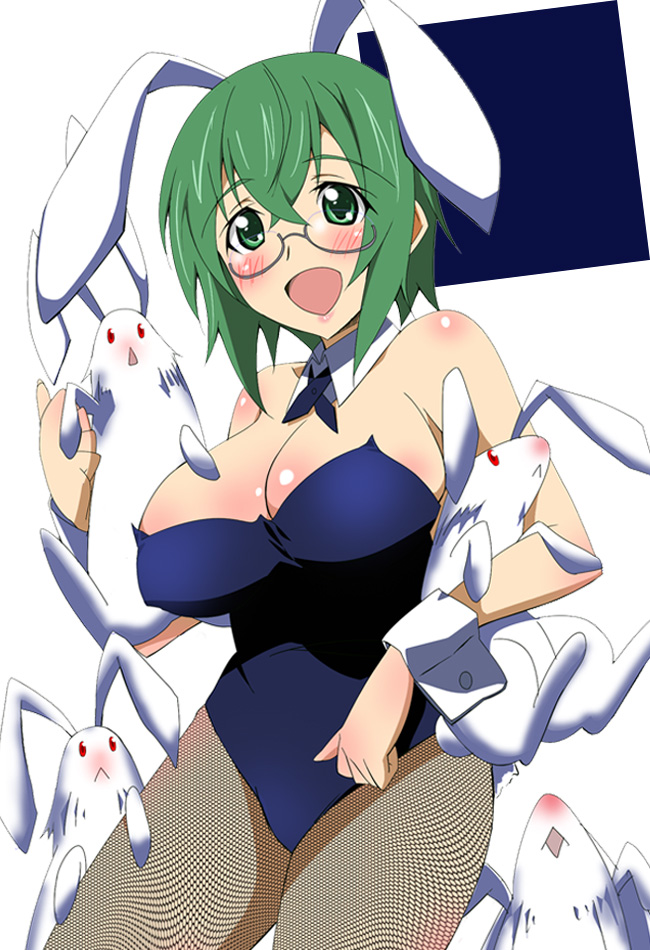 ...detached_collar fishnet_pantyhose fishnets glasses green_eyes green_hair...