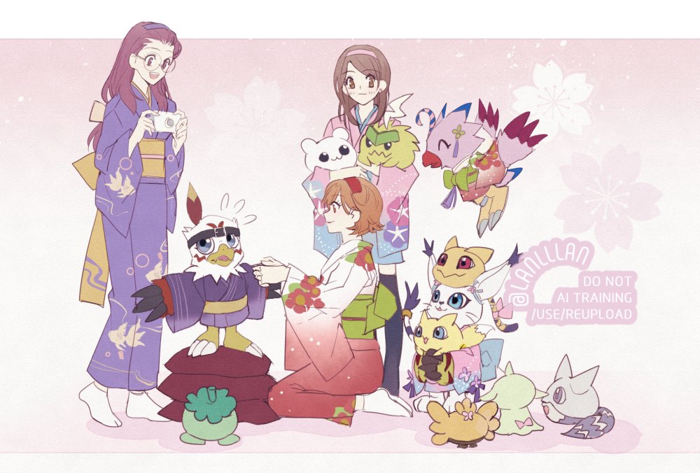Safebooru - 3girls bibimon bird brown hair caprimon character request ...