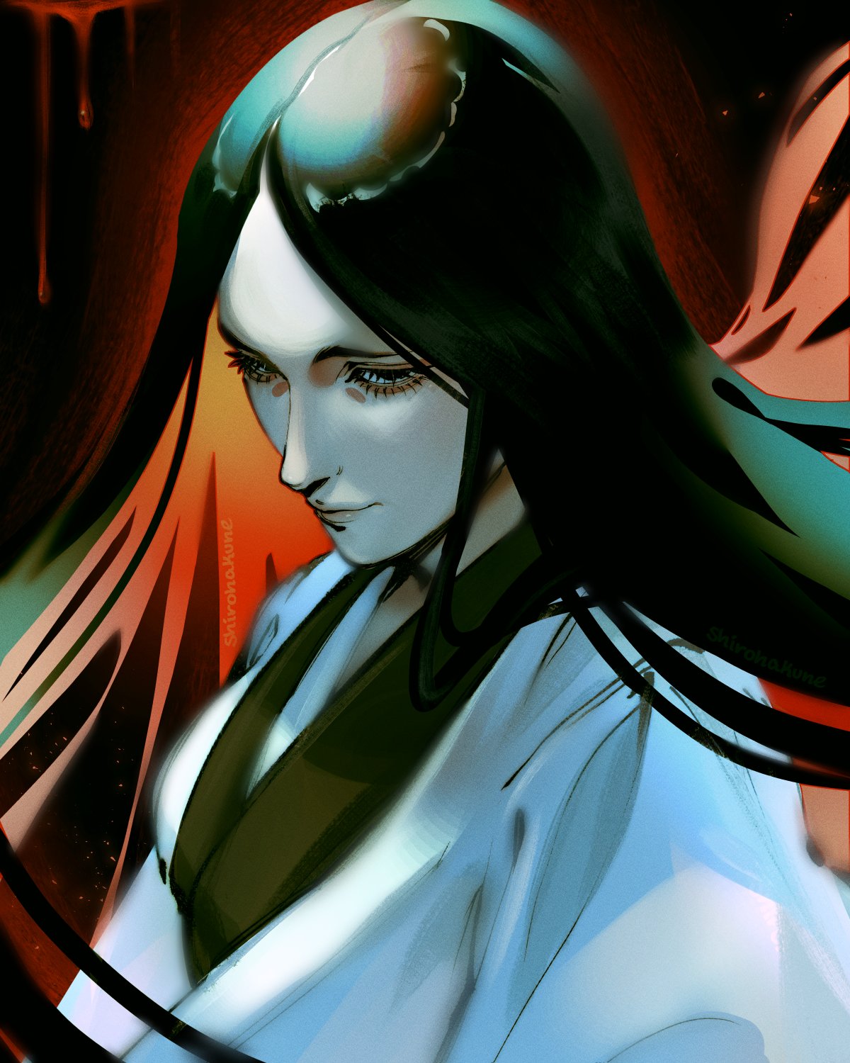 Safebooru - 1girl artist name black hair black kimono bleach breasts ...