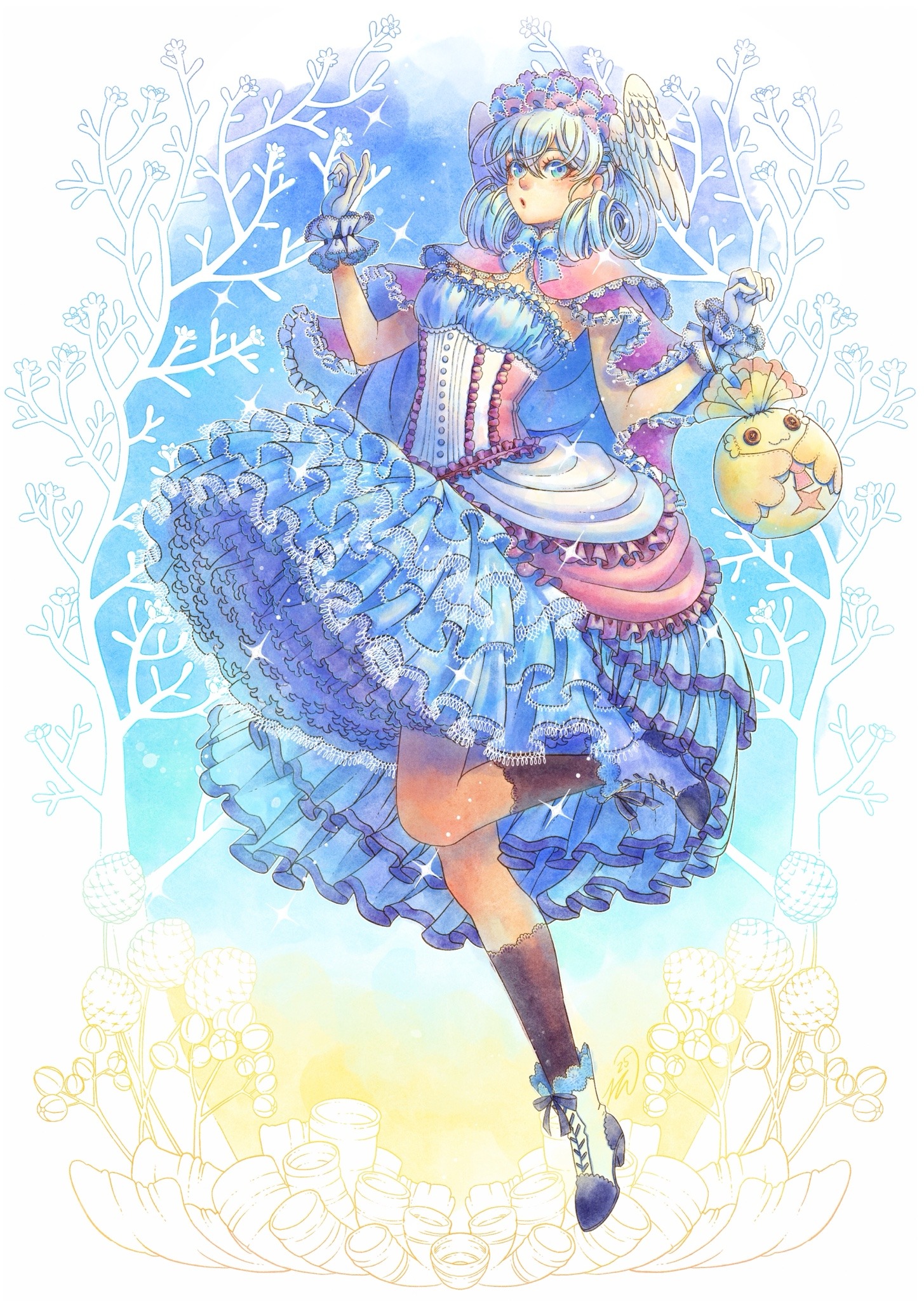 Safebooru - 1girl :o alternate costume blue background blue eyes border ...