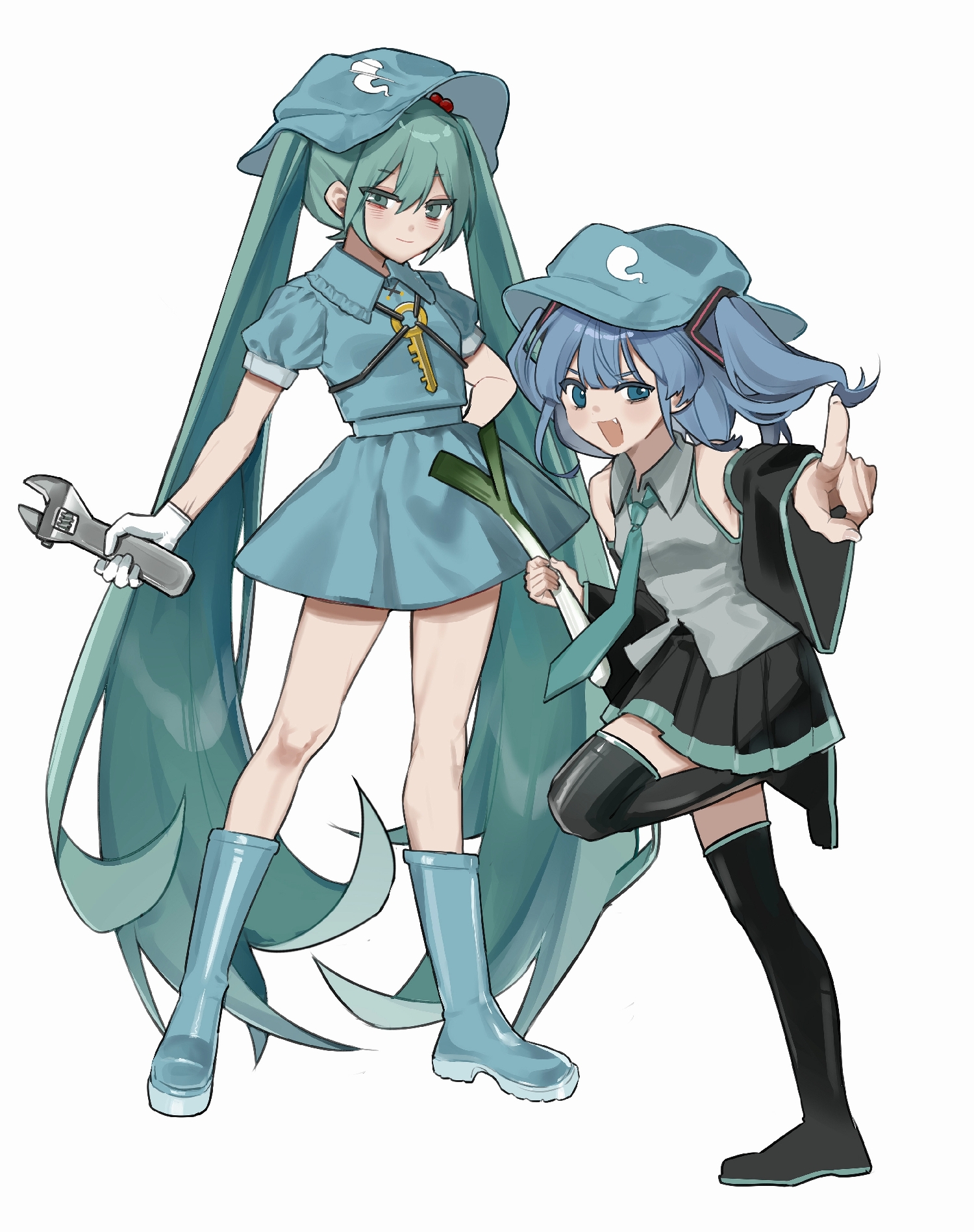 Safebooru - 2girls black skirt blue boots blue eyes blue hair blue ...