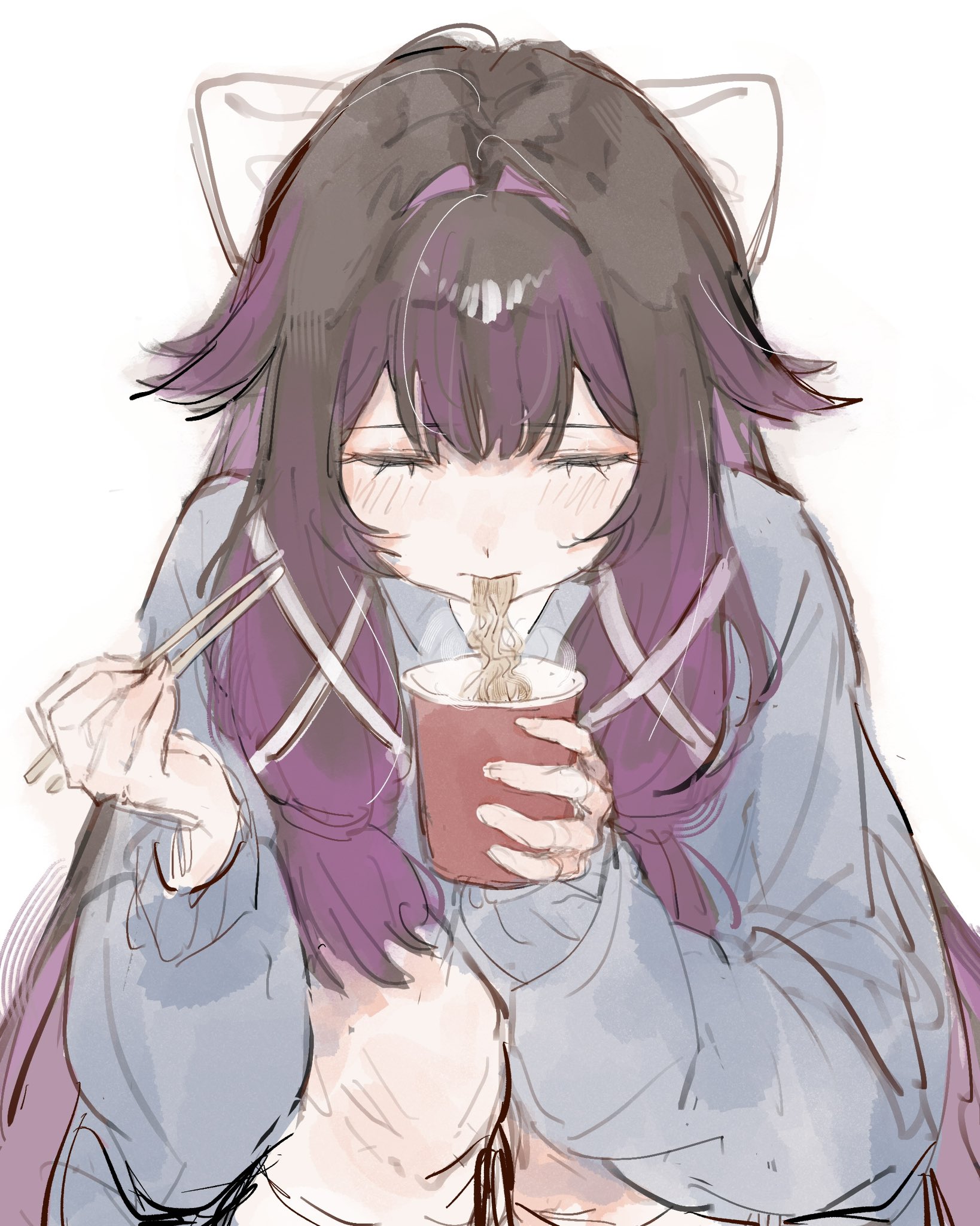 Safebooru - 1girl black hair blue sweater bow closed eyes columbina ...