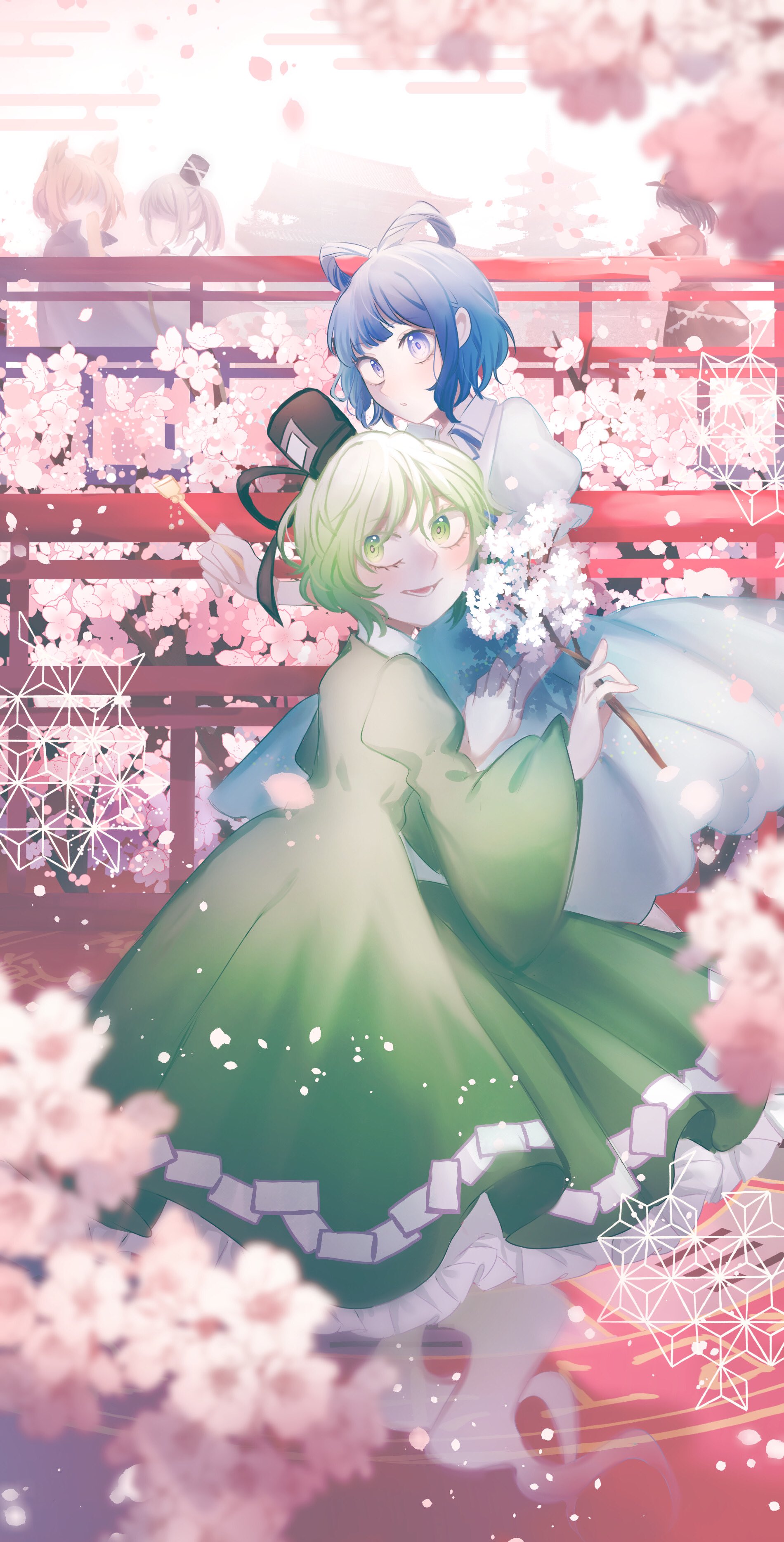Safebooru - 5girls absurdres asa no ha (pattern) belt black hat blonde ...