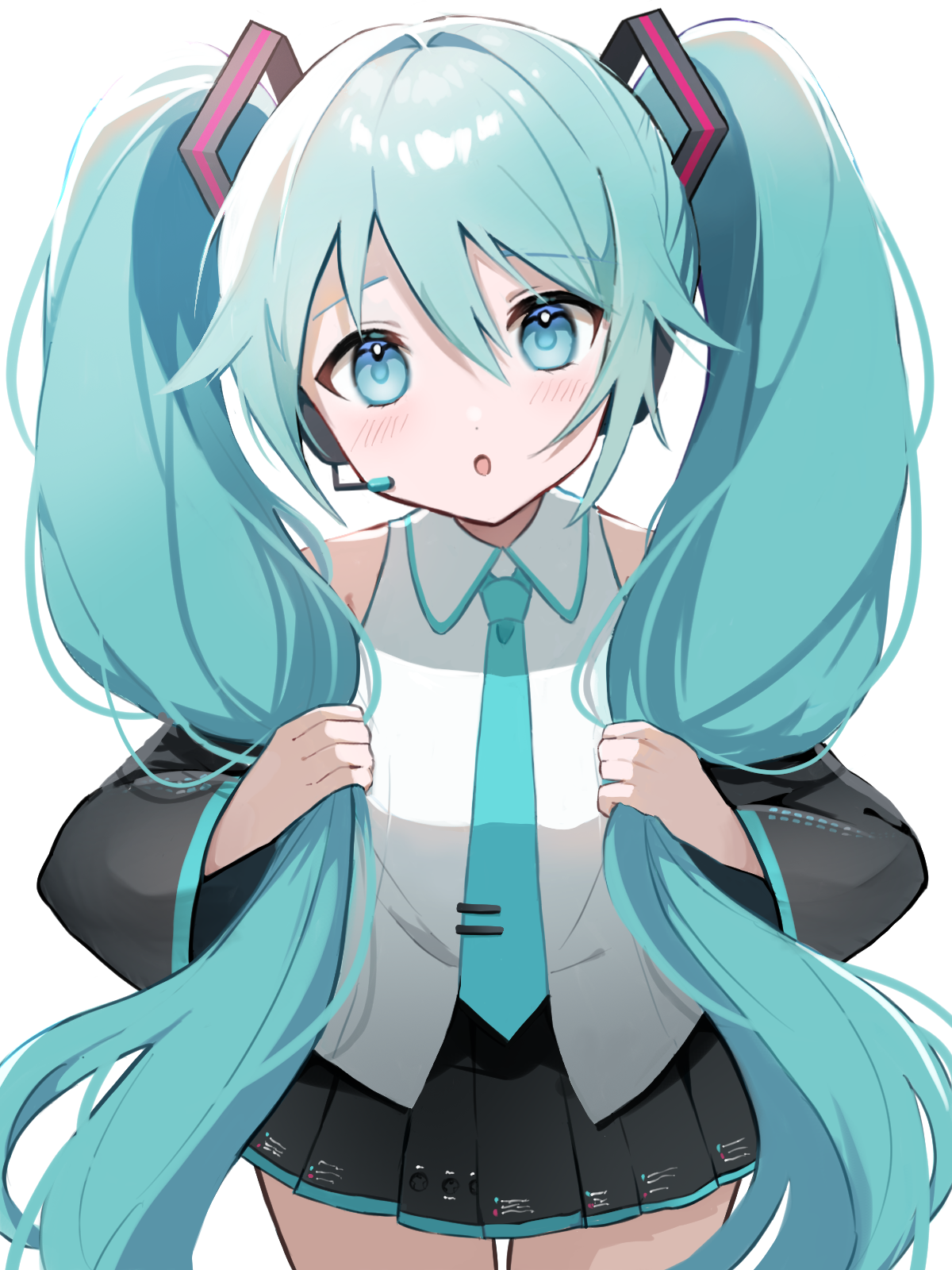 Safebooru - 1girl :o bare shoulders black skirt black sleeves blue hair ...