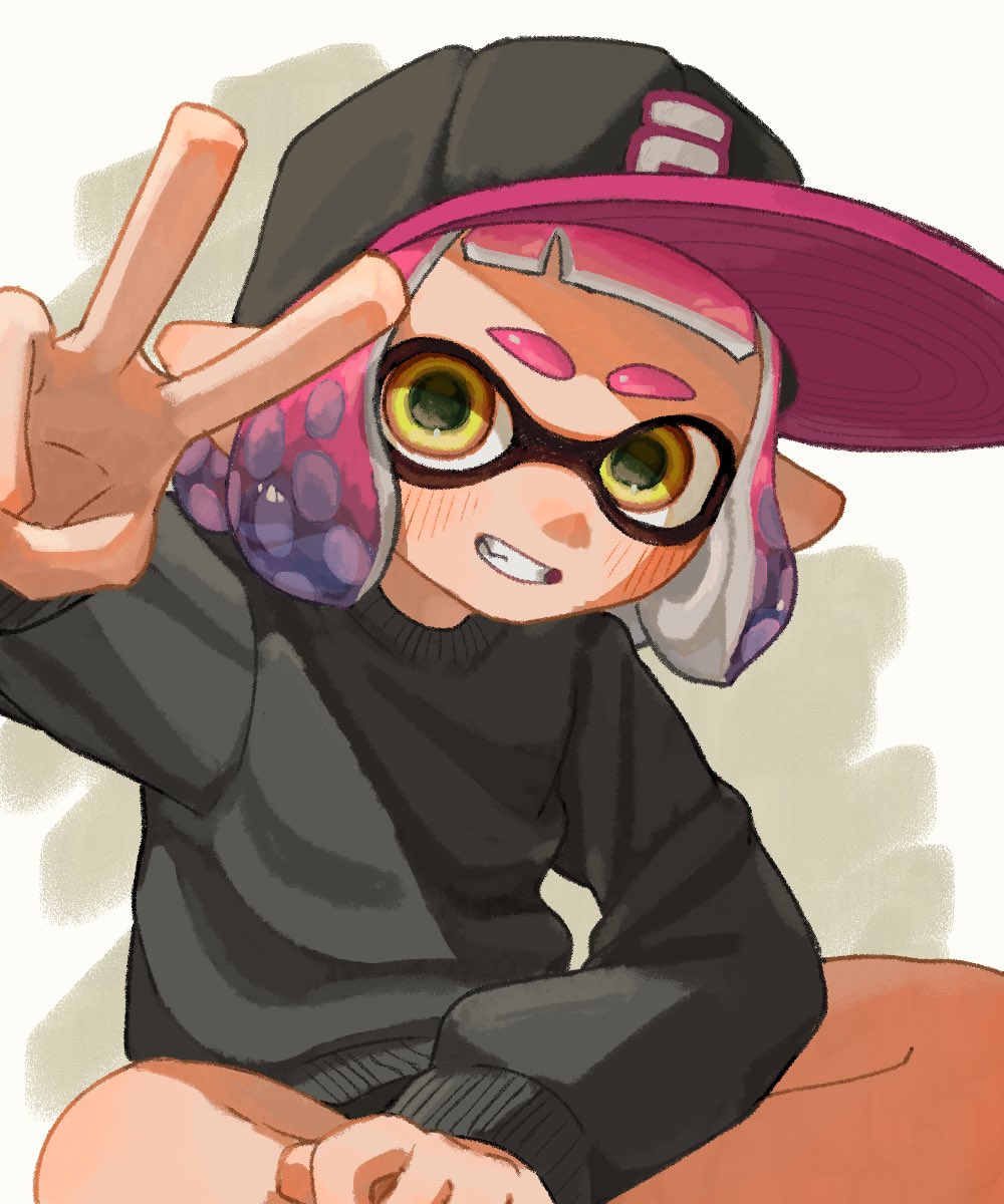 Pink Inkling Sitting Safebooru - 1girl baseball cap black hat black sweater commentary hat ...