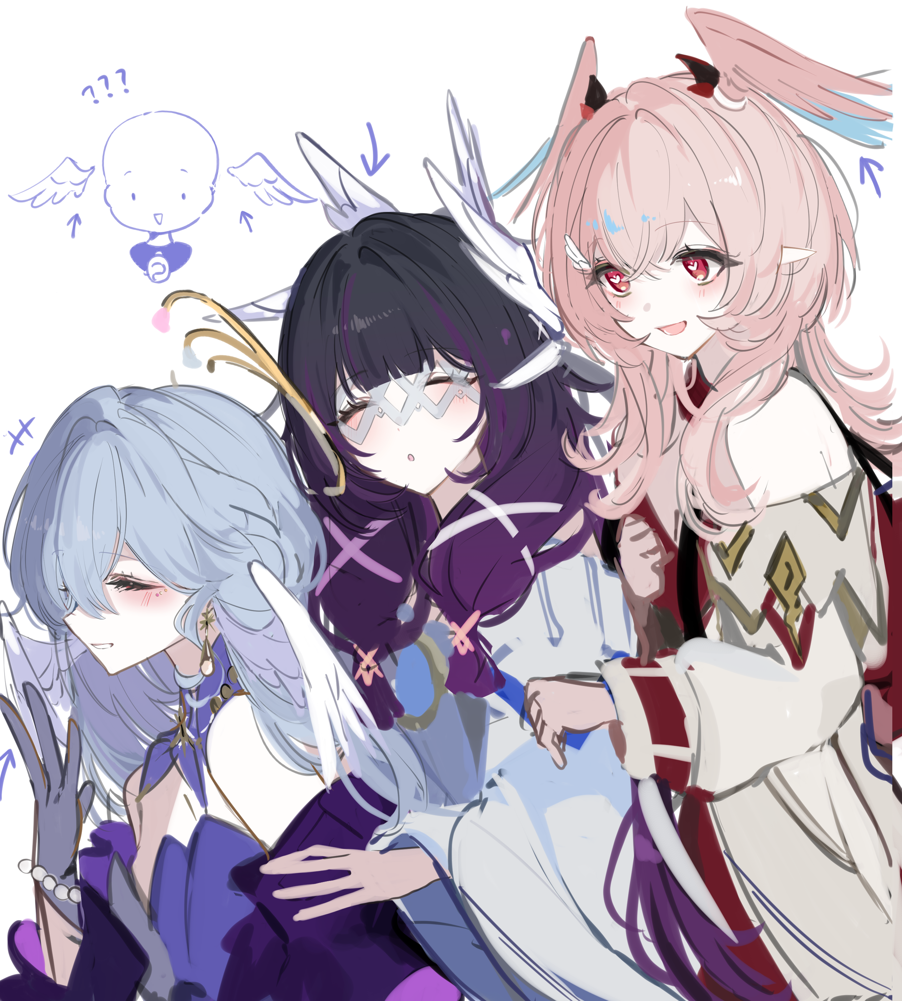 Safebooru - 3girls ? ?? absurdres arrow (symbol) bare shoulders black ...