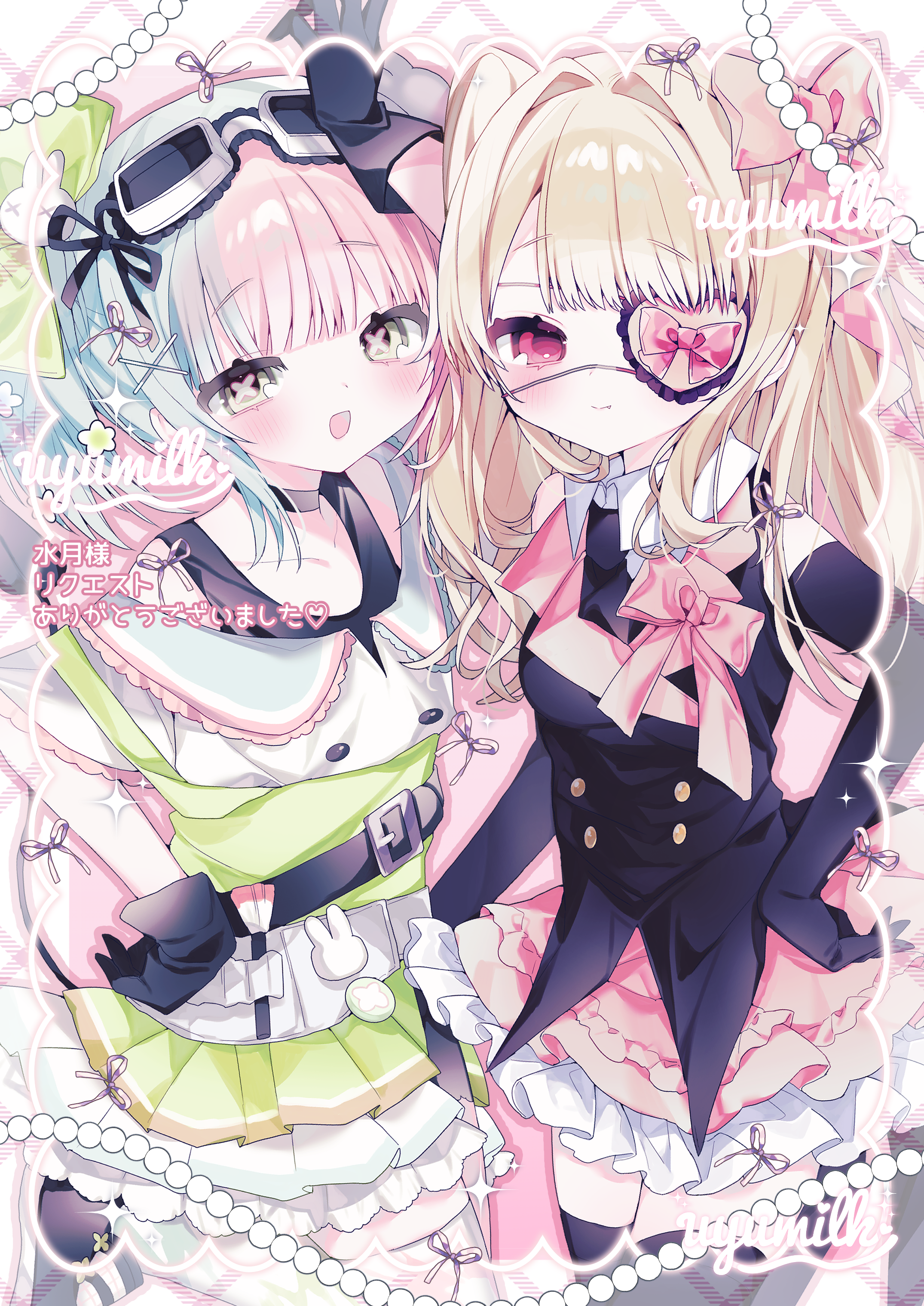 Safebooru - 2girls :d absurdres arm up black choker black gloves black ...