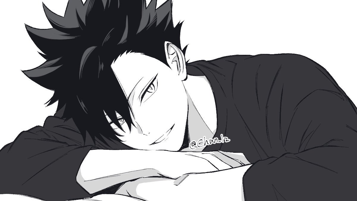 Safebooru - 1boy chun lz commentary crew neck greyscale haikyuu!! hair ...