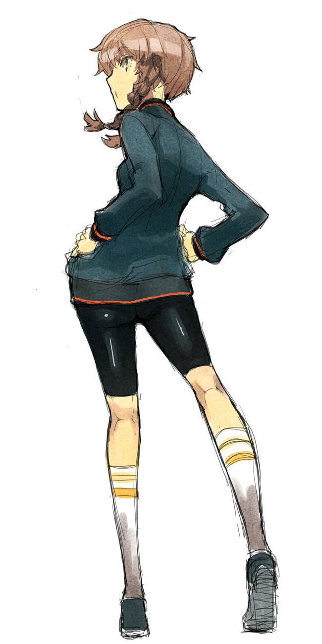 Safebooru Amane Suzuha Bike Shorts Braid Brown Hair From Behind Full Body Hands On Hips 1966