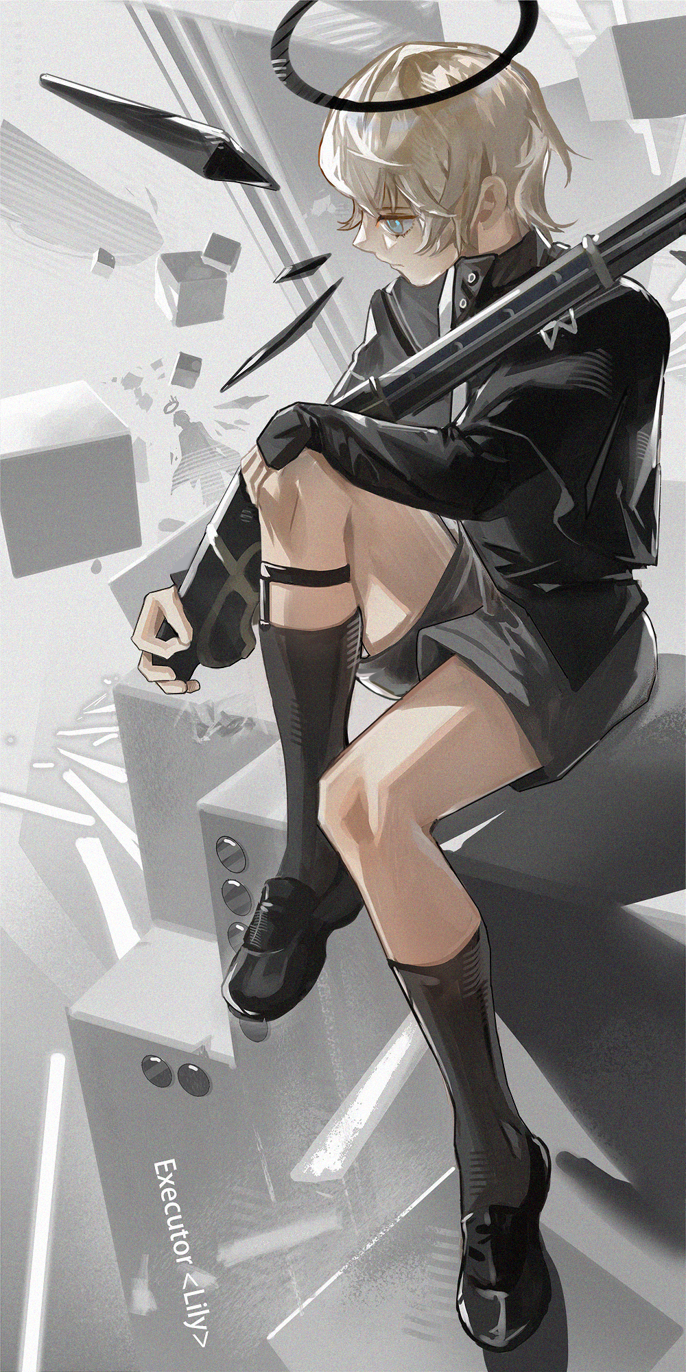 Safebooru - aged down arknights bare legs black halo black jacket black ...