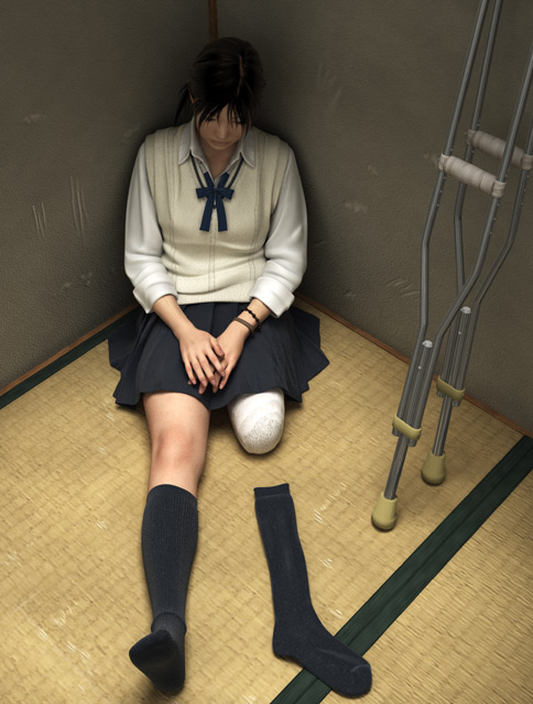 amputee asian bracelet crutches realistic school_uniform schoolgirl sitting...