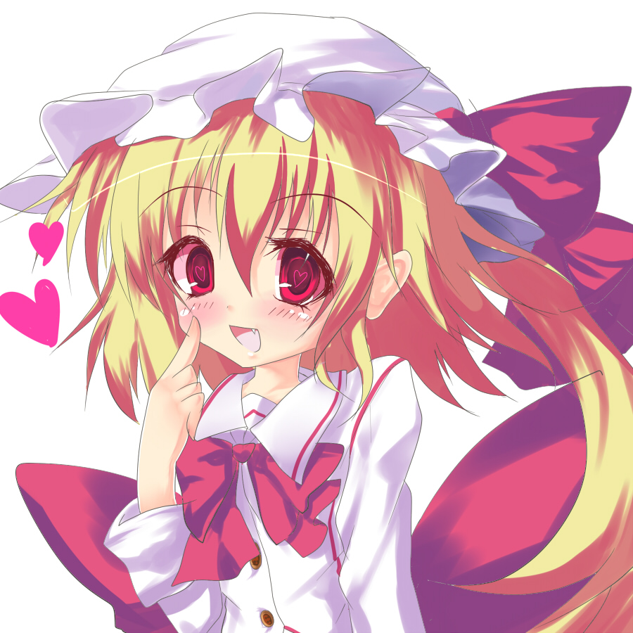 Safebooru Blonde Hair Fang Flandre Scarlet Flat Chest Heart Open Mouth Red Eyes Simple 4754