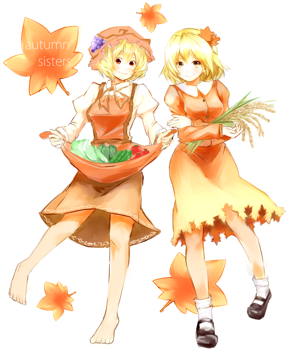 Safebooru Aki Minoriko Aki Shizuha Autumn Leaves Barefoot Blonde Hair 