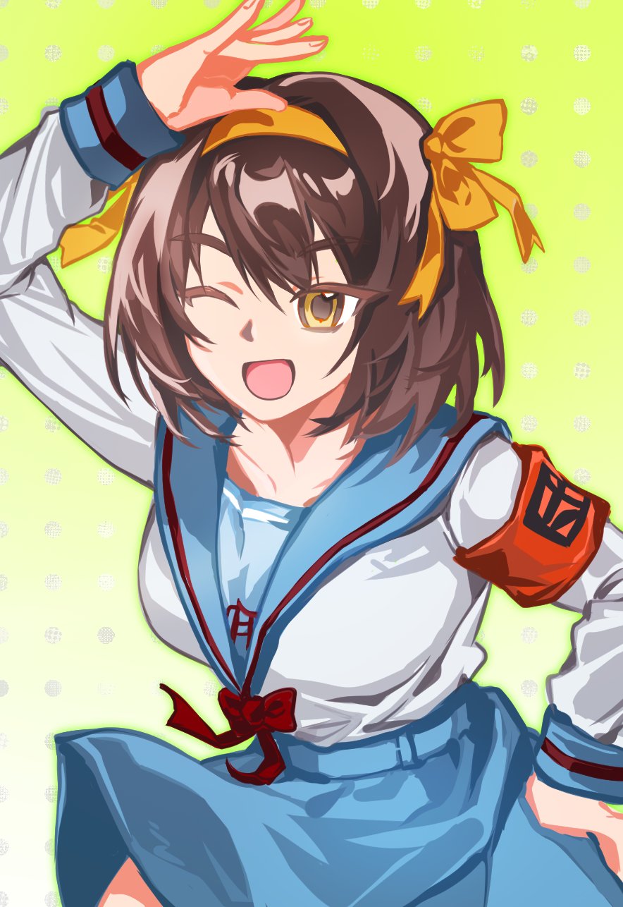 Red Gradiend Background Safebooru - 1girl :d ;d arm up armband blue sailor collar blue skirt ...