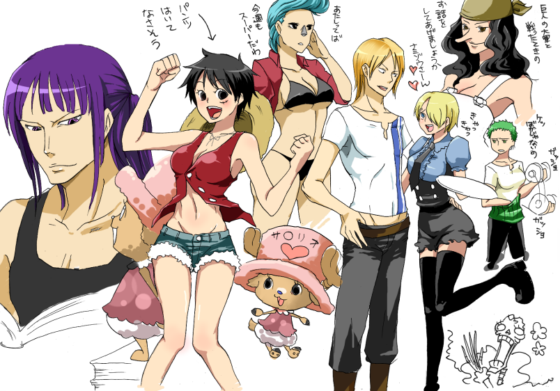 ...everyone franky genderswap green_hair hair_over_one_eye hat hotpants leg...