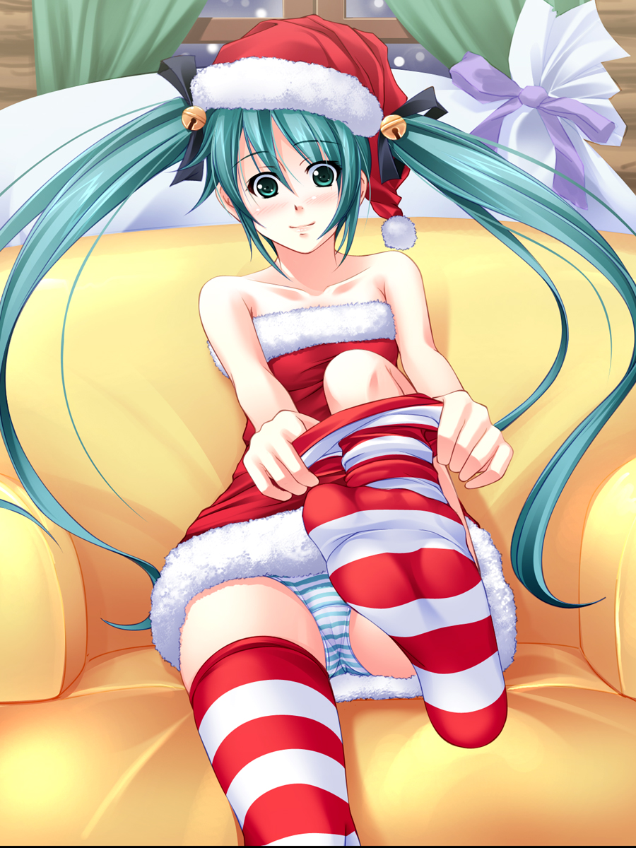 bow christmas couch dressing feet foreshortening hair_bow hat hatsune_miku ...