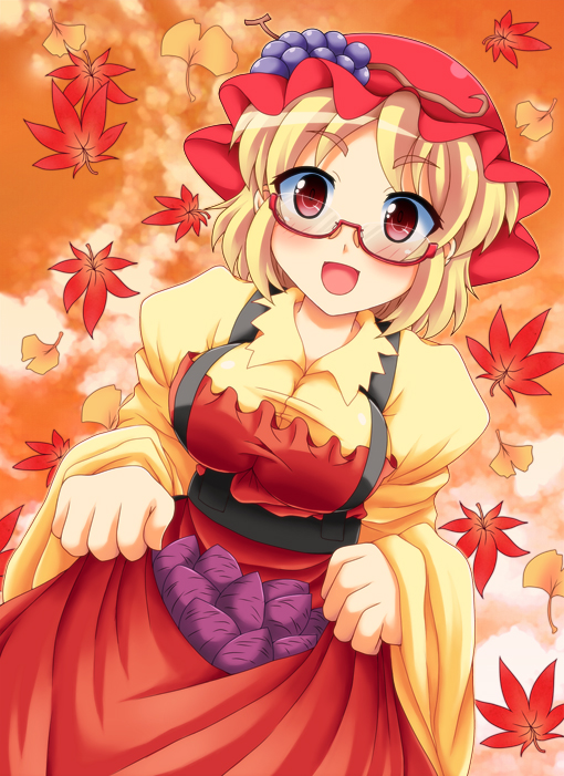 Safebooru D Aki Minoriko Autumn Leaves Bespectacled Blonde Hair Blush Breasts Dress Food 
