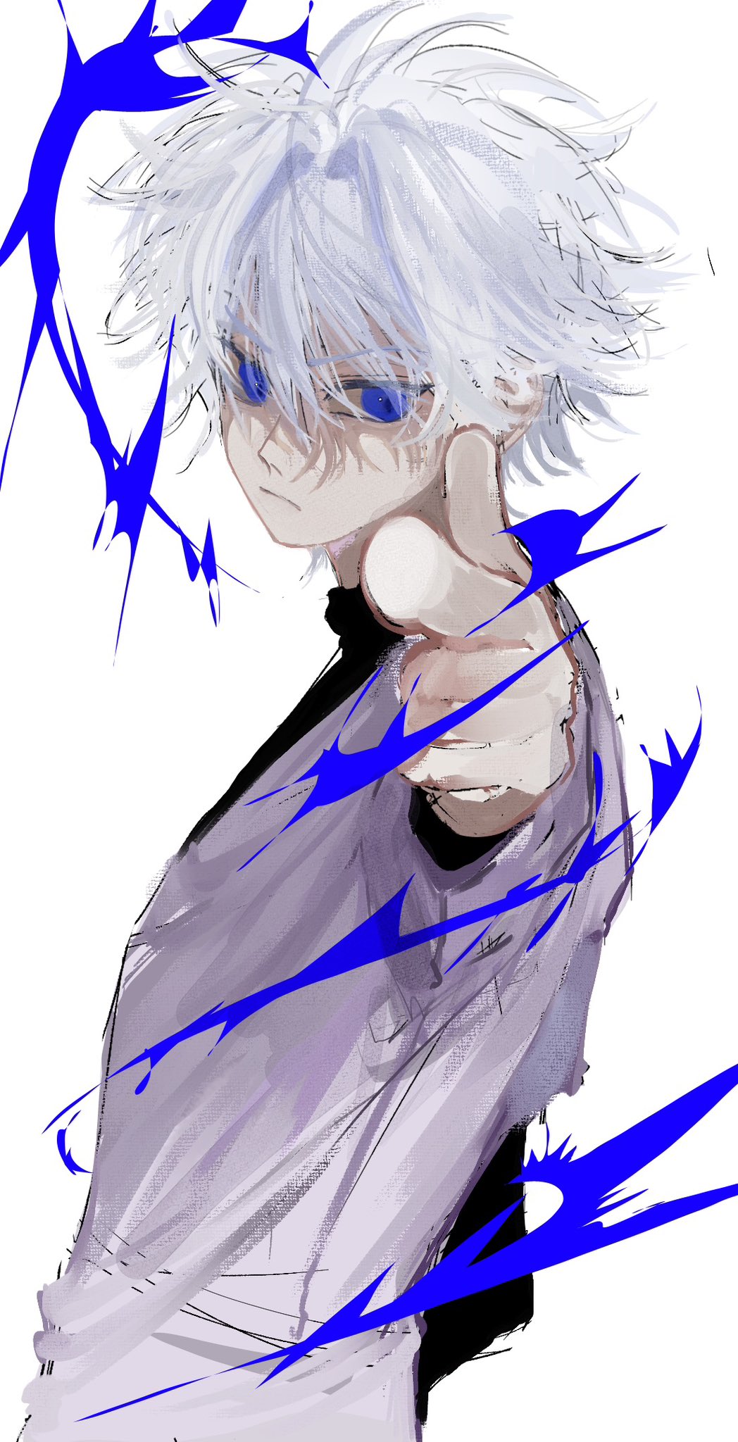 Killua Pointing Safebooru - 1boy blue eyes closed mouth commentary request hair between ...