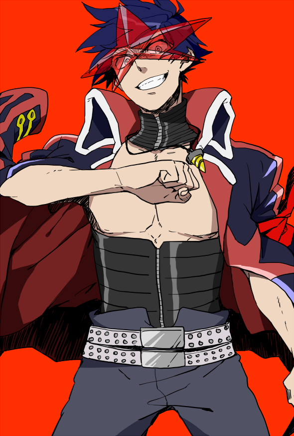 jacket_on_shoulders male red_background shirtless simon smile solo star_sha...