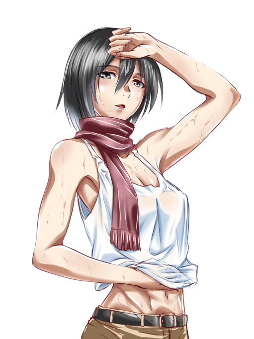 1girl black_hair hisatyu mikasa_ackerman scarf shingeki_no_kyojin shirt_lif...