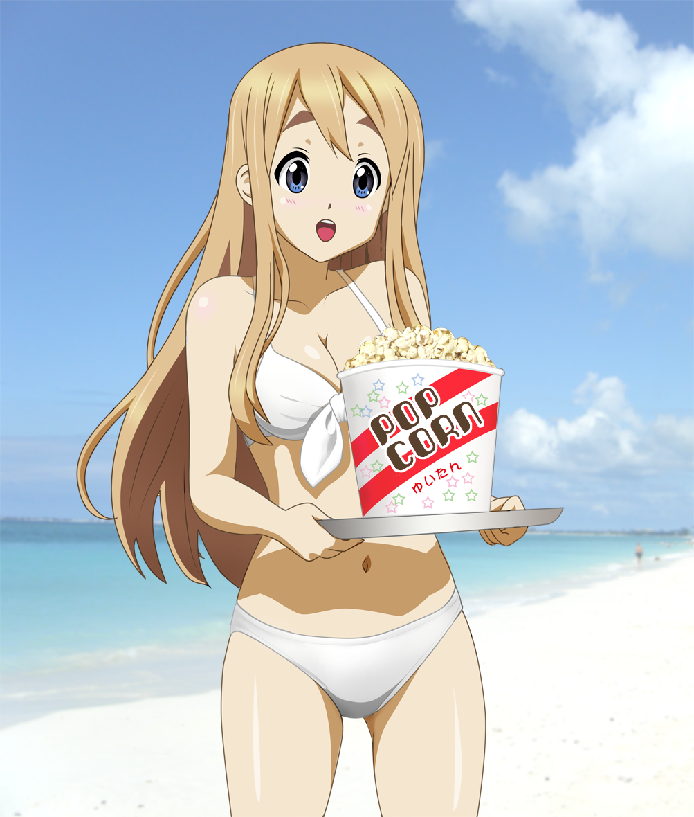 beach bikini blonde_hair blue_eyes food k-on! kotobuki_tsumugi long_hair po...