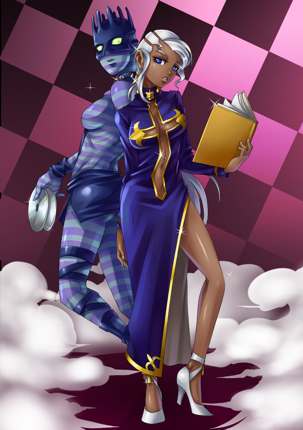 blue_eyes book breasts cd cleavage cross dark_skin dress enrico_pucci freed...