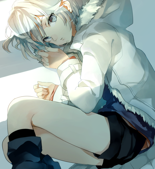 ...on_side onbr open_clothes open_coat parka short_hair shorts silver_eyes ...