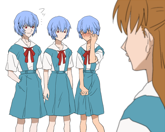Safebooru 2boys 2girls Ayanami Rei Blue Hair Blush Crossdressinging Ikari Shinji Long Hair 8502