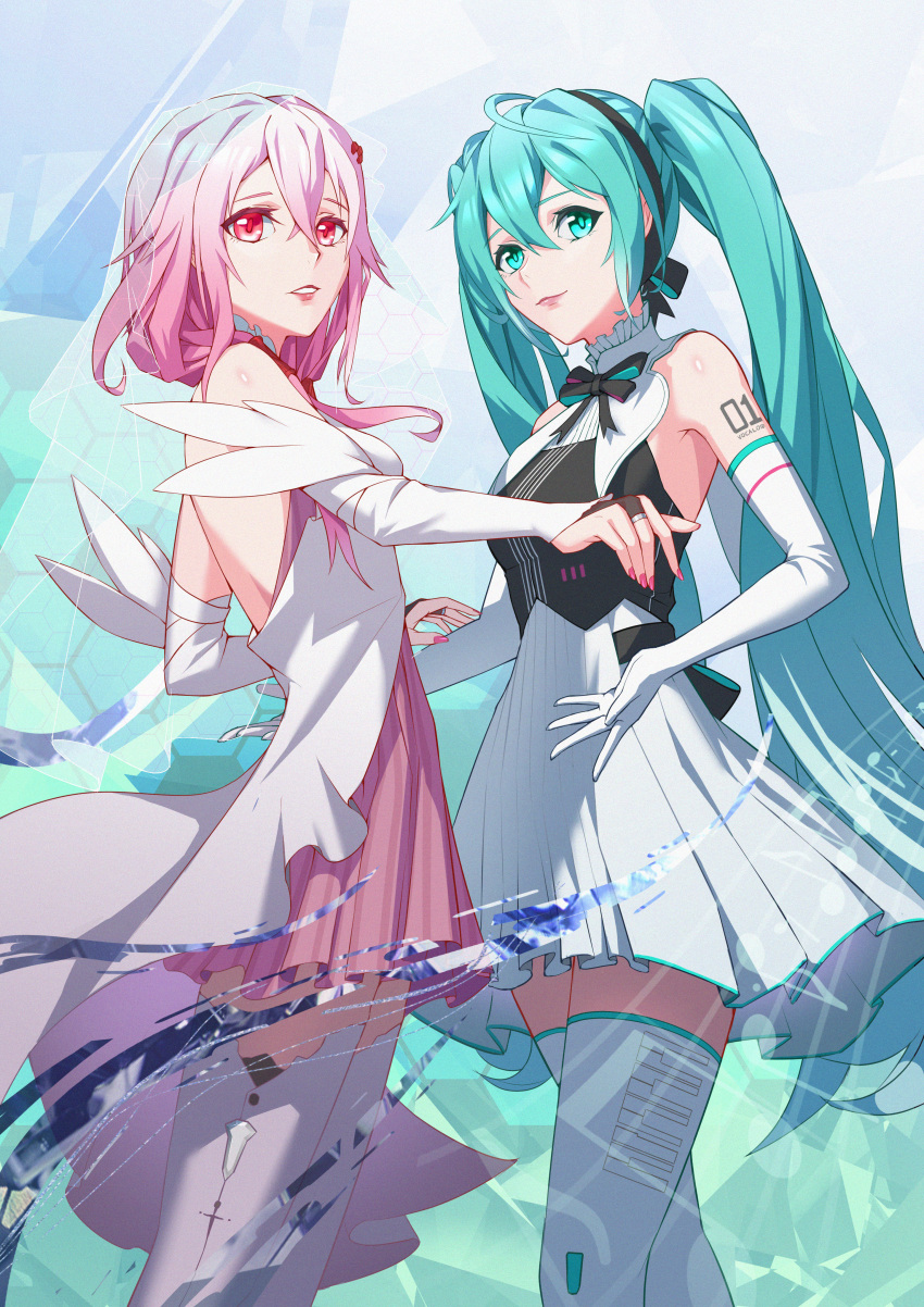 safebooru-2girls-absurdres-aqua-bow-aqua-bowtie-aqua-eyes-aqua-hair